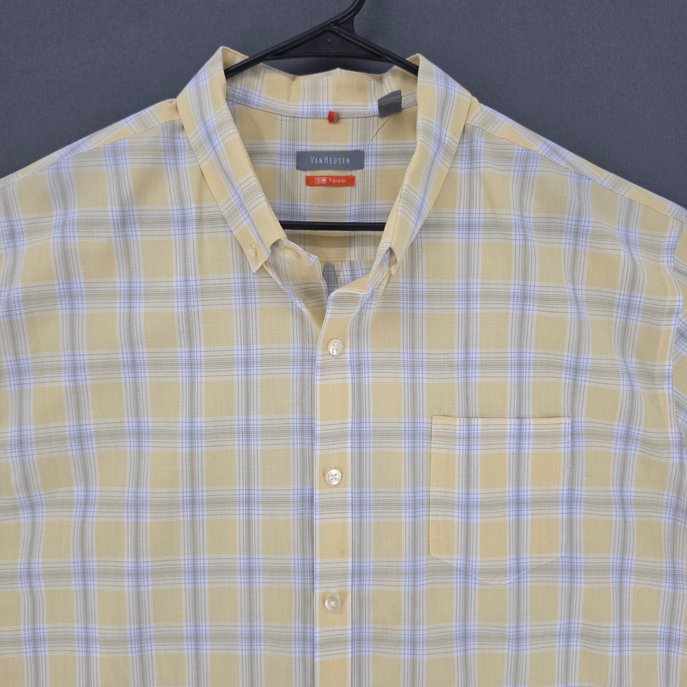 Van Heusen Traveler Mens XXL Yellow Plaid Short Sleeve Button Down Shirt 18-18.5